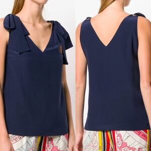 Tory Burch Silk Sleeveless Shoulder Bow Blouse Womens Size 4 Navy Blue